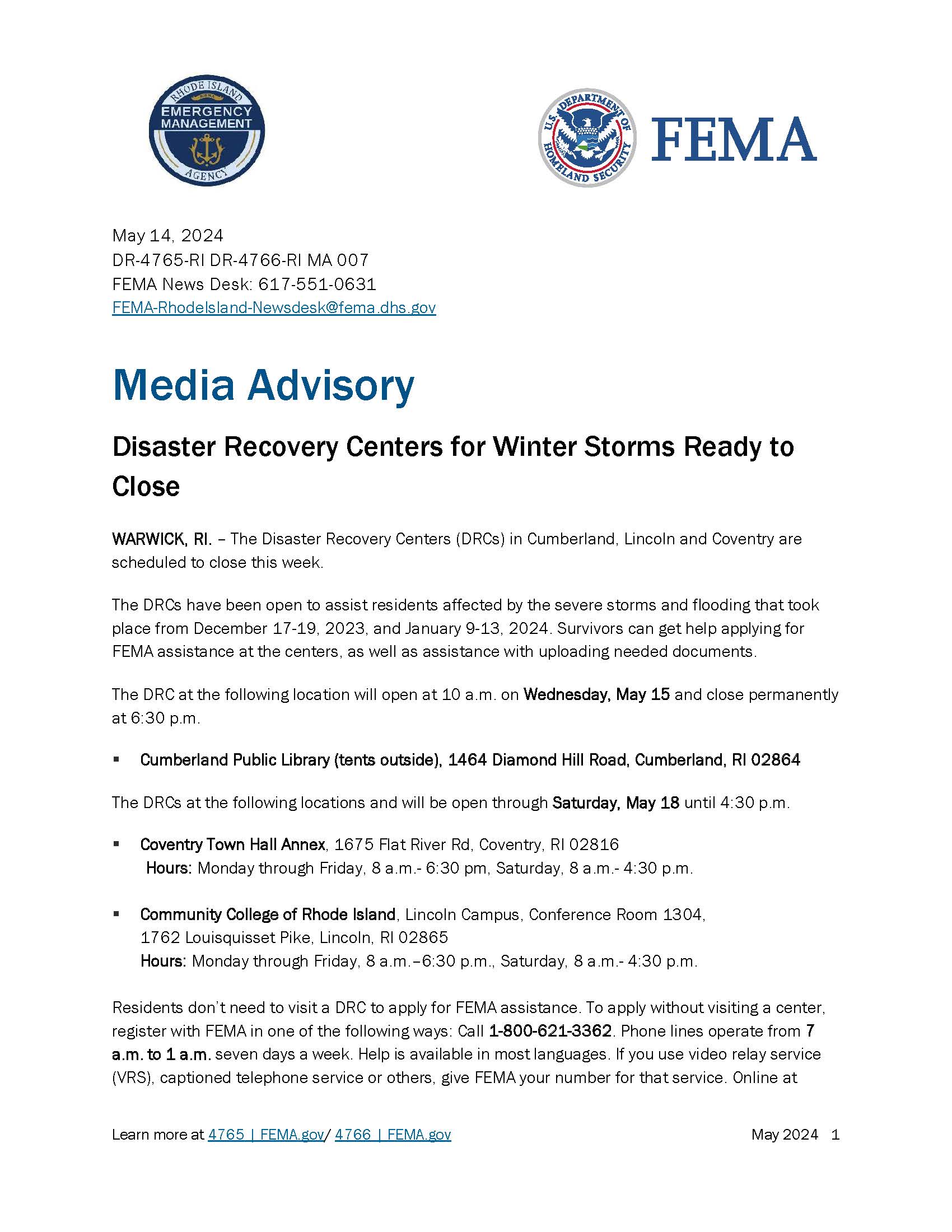 FEMA center closing